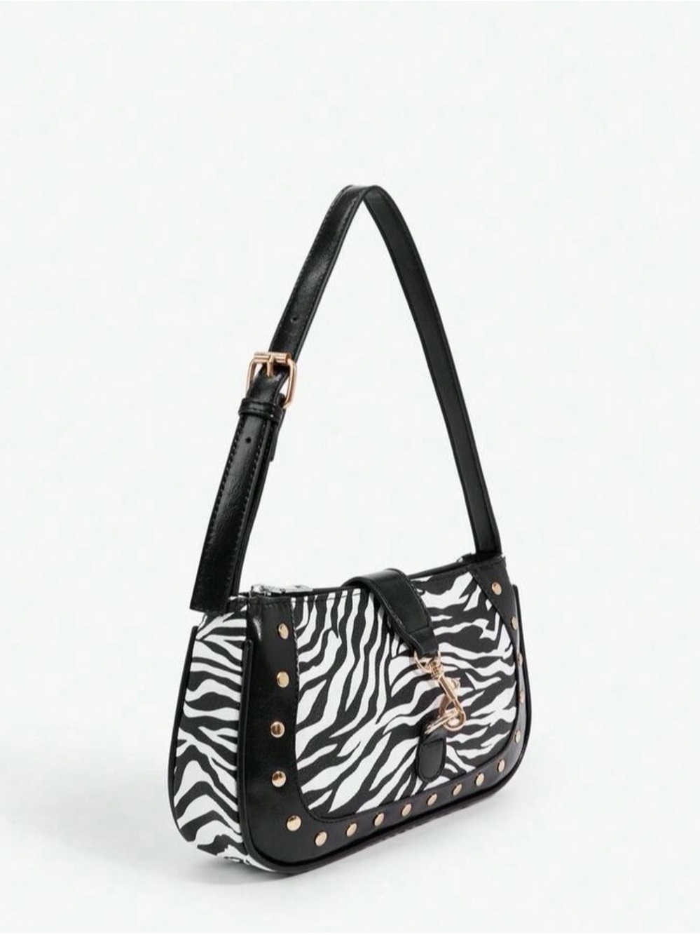 Black & White Zebra Print Shoulder Bag with Gold Accents - Picture 2 of 5